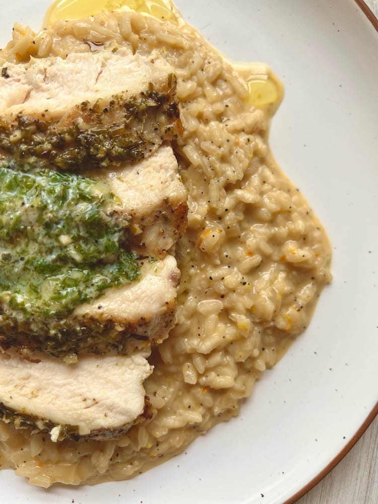 Orange Risotto with Tarragon Chicken 1 Orange Risotto with Tarragon Chicken on a plate