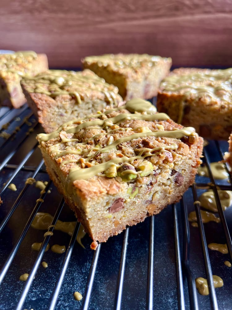 Pistachio Blondies 1 Pistachio Blondies on a cooling rack