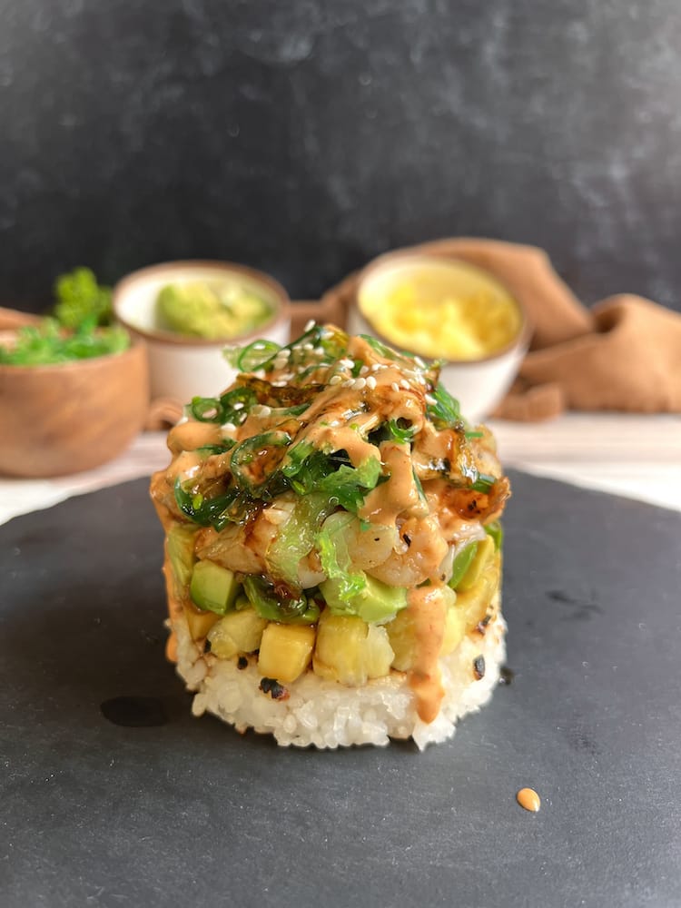 Grilled Shrimp Sushi Tower 2 WEB Grilled Shrimp Sushi Tower on a black slate serving platter.