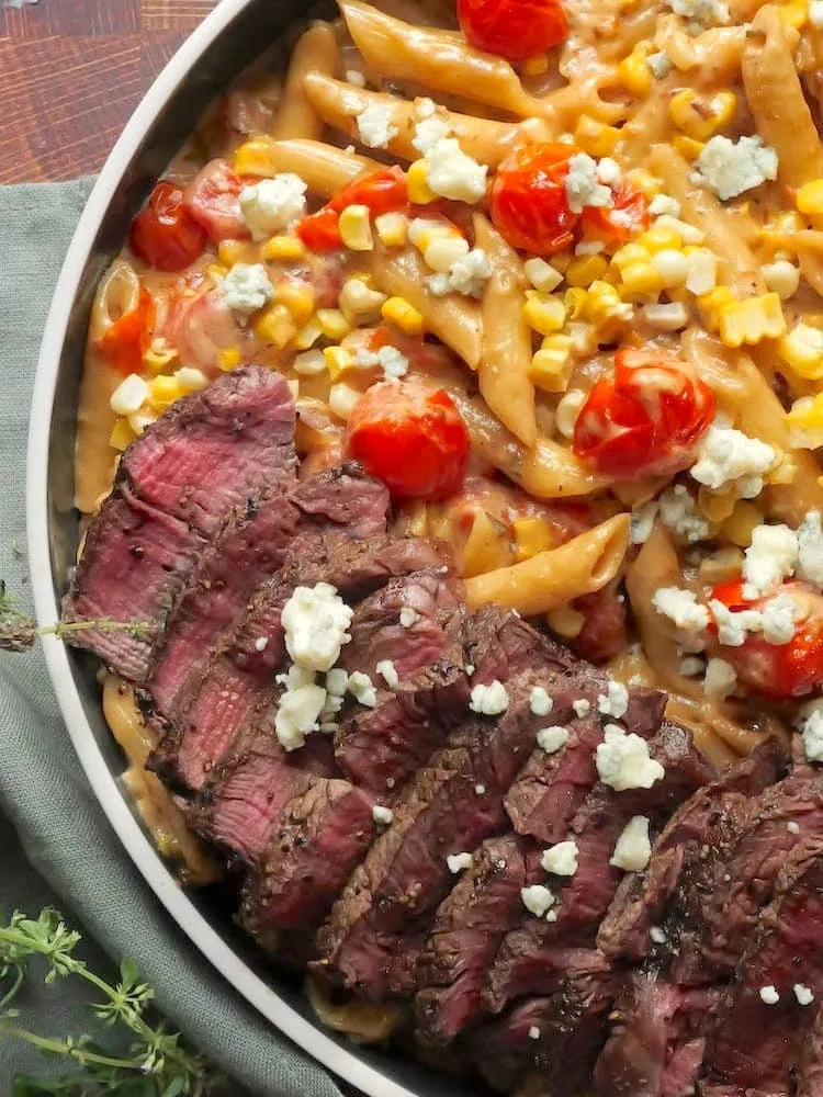 Steak Gorgonzola Alfredo 3 WEB Steak Gorgonzola Alfredo in a large circular serving dish