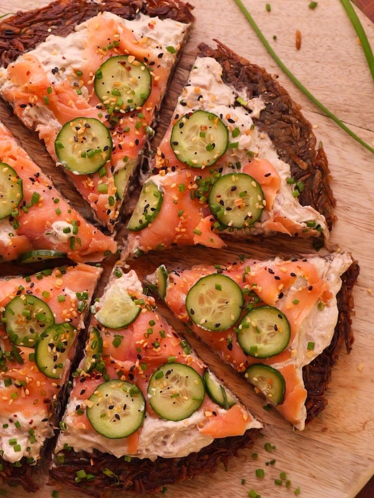 Smoked Salmon Potato Rosti 6 WEB Sliced Smoked Salmon Rosti on a wooden cutting board