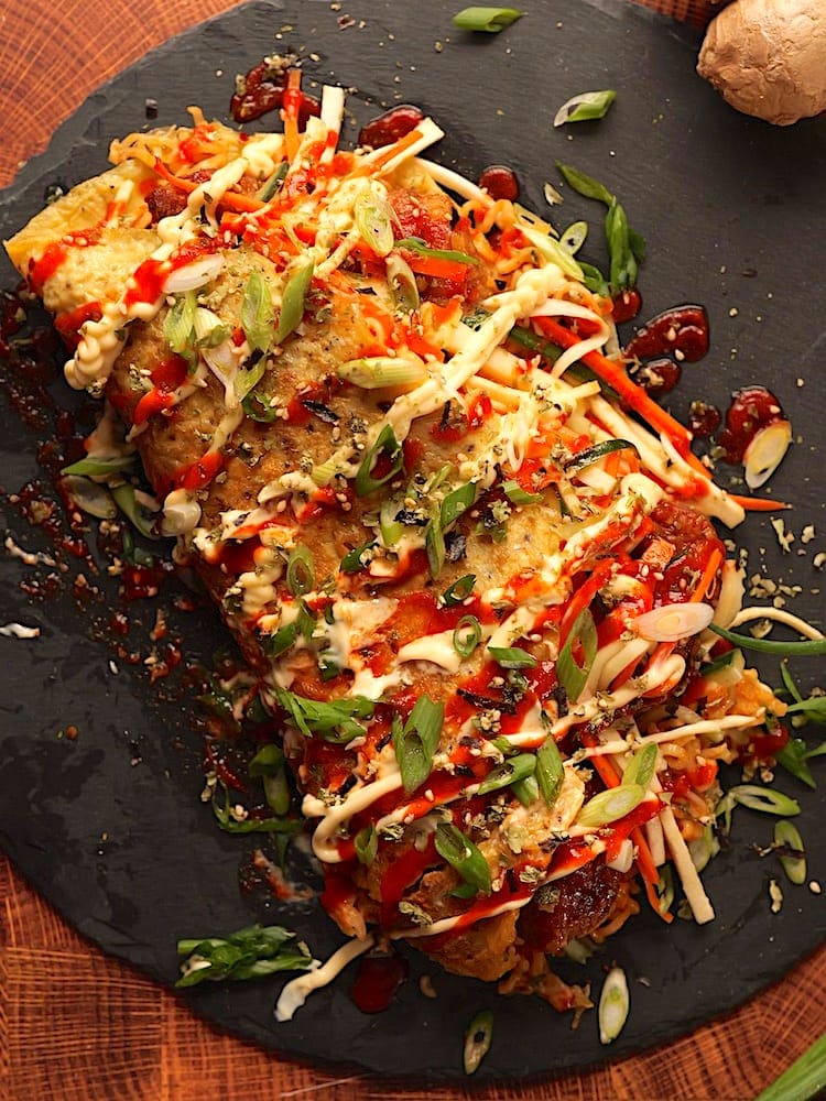General Tso's Ramen Omelette 2 WEB General Tso's Ramen Omelette on a black serving slate