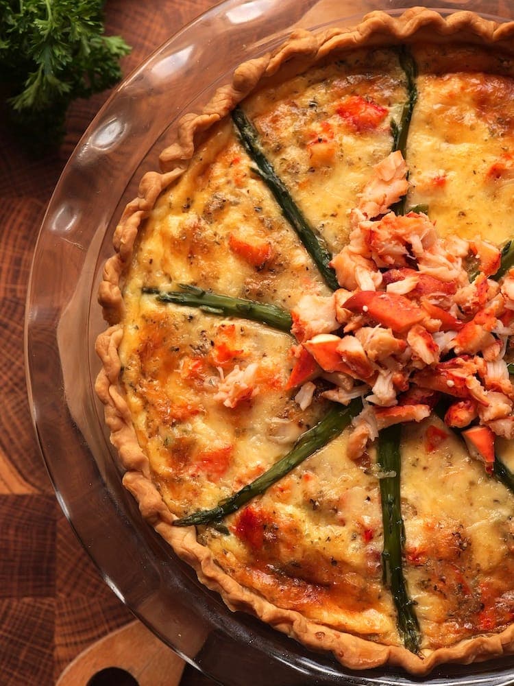 Lobster Asparagus Quiche - Vertical 2 Lobster and Asparagus Quiche in a glass pie dish