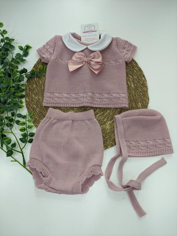 Conjunto hilo moña con capota Rosa Palo