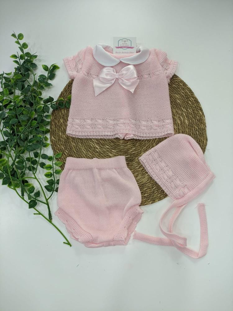 Conjunto hilo moña con capota Rosa