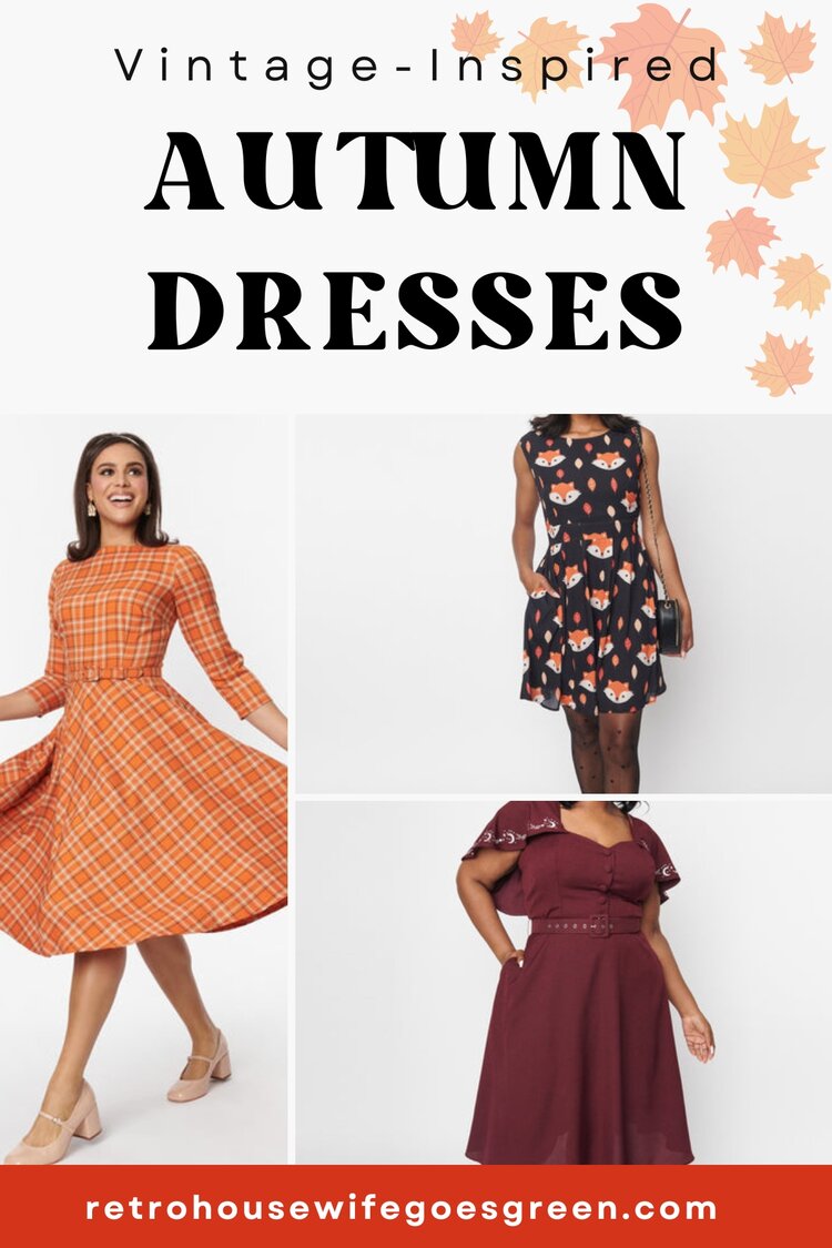 collage with three autumn dresses and text overlay vintage-inspired autumn dresses