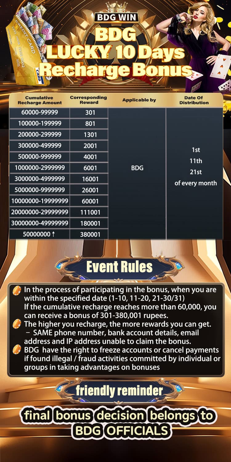 BDG Win Lucky 10 Days Recharge Bonus reward table