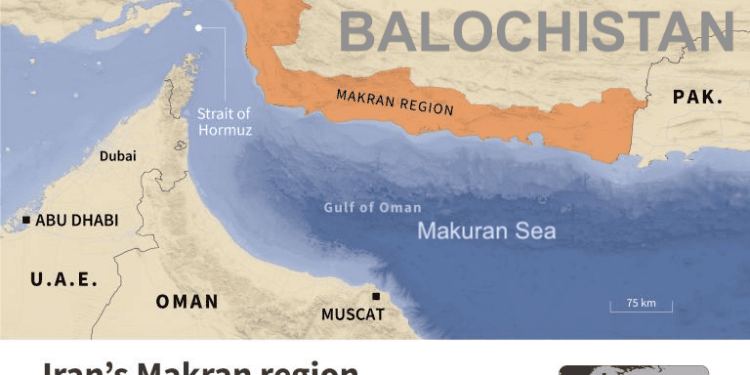 Infographic with a map shows Makran region in southern Iran, Balochistan, where government is considering relocating its capital