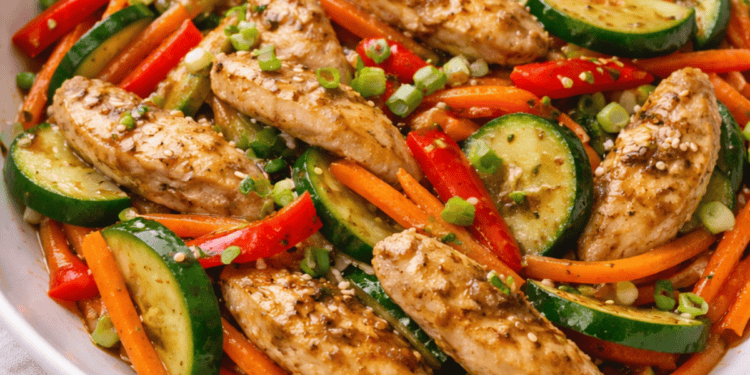 Chicken and vegetable stir-fry with ginger soy glaze