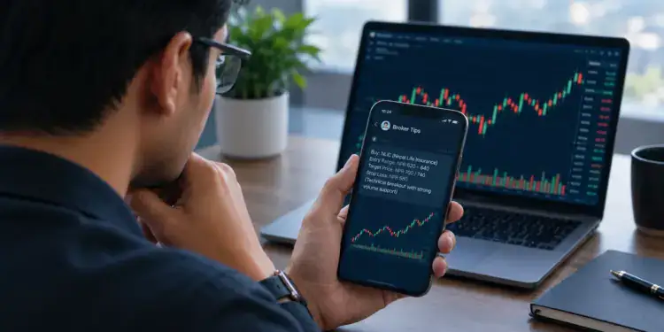 Investor checking broker stock tips on a smartphone with a NEPSE-style trading chart in the background