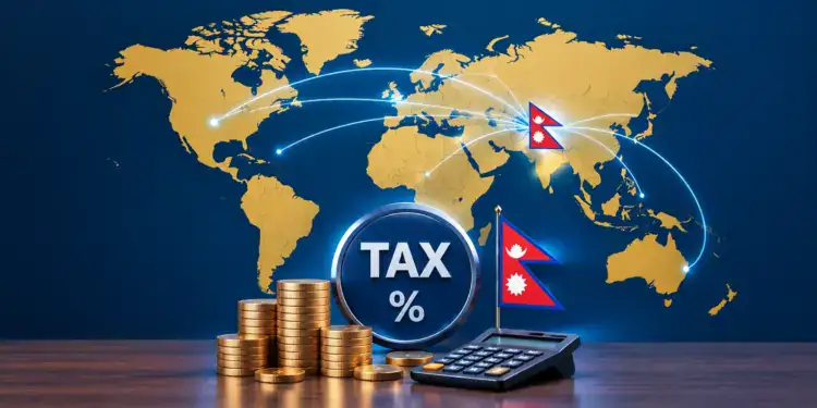 World map showing international money flows toward Nepal with a tax symbol, Nepal flag, coins, and calculator representing NRN investment taxation and DTAA