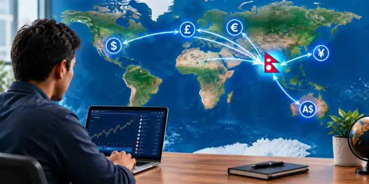 NRN investor working on a laptop with a global map showing international money flows converging on Nepal, representing foreign-currency investment and remittance to Nepal