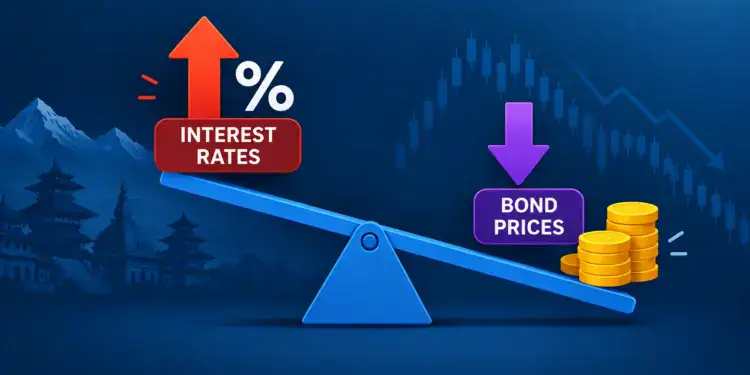 Illustration showing interest rates rising while bond prices fall, represented by a tilted seesaw with upward and downward arrows.
