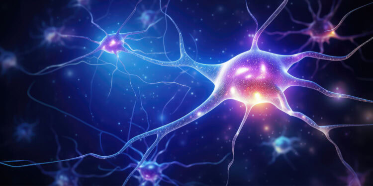 Neurons illuminated in a digital illustration representing brain activity and neuroscience research.
