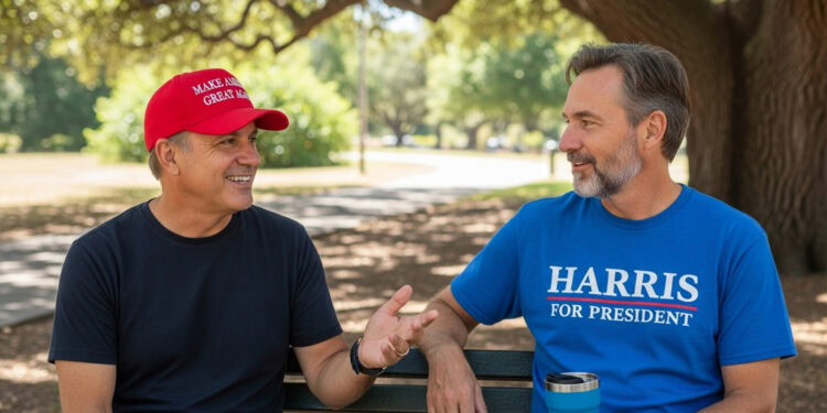 Two men are talking on a bench. The man on the left wears a 'Make America Great Again' hat, and the man on the right wears a 'Harris For President' shirt.
