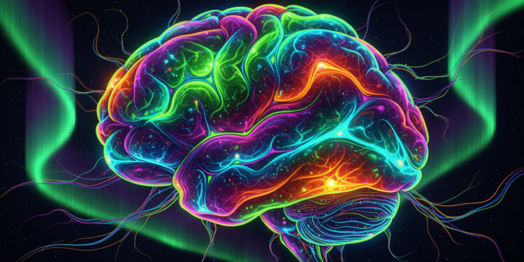 Neon-colored digital illustration of a human brain with vivid neon lights and neural connections, highlighting neuroscience, brain research, and psychological science.