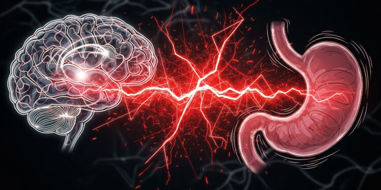 Neural connection between brain and stomach illustrating mind-gut axis, neural signaling, and psychological factors influencing gastrointestinal health. Conceptual image for neuroscience and psychology research.