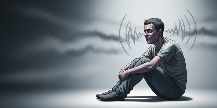 Young man sitting on the floor experiencing anxiety or distress, with dark stormy background and anxiety wave illustration, representing mental health struggles and psychological stress.