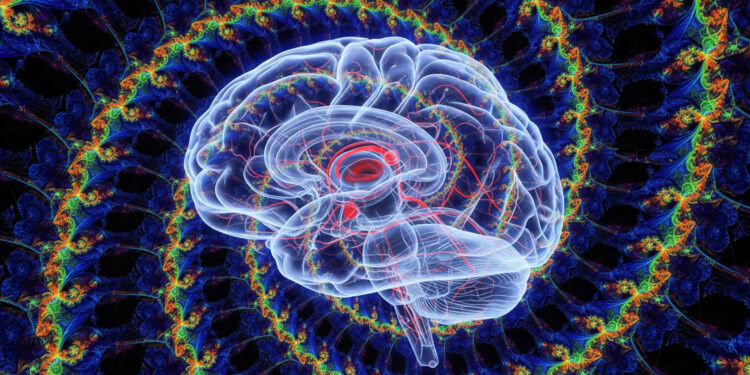 Futuristic digital illustration of a human brain with neural networks and bright colors, representing psychology, neuroscience, and mental health research.