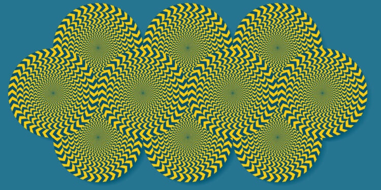 Optical illusion with concentric spirals in yellow and blue on teal background, creating a mesmerizing visual effect and perception of motion, often used in psychology studies about visual perception and cognitive processing.