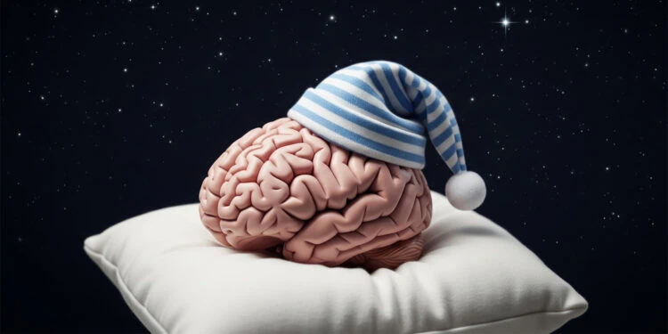 Brain model wearing a striped sleep hat on a pillow against a starry night background.