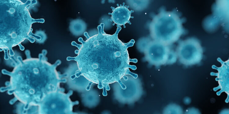 Viral particles and microscopic view of virus cells, representing infectious disease and virology research.