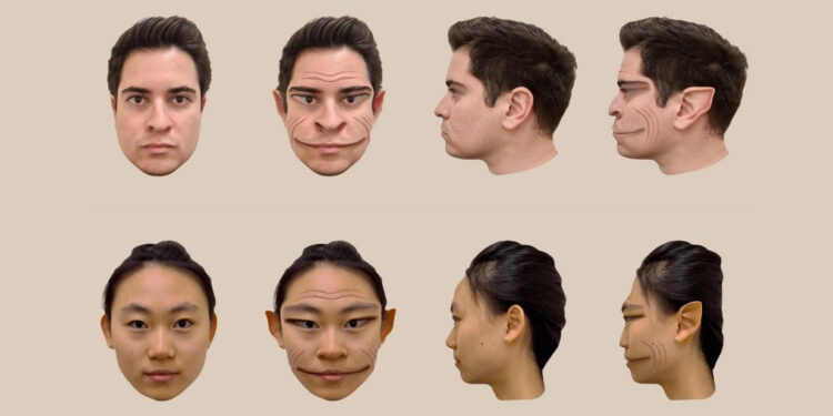 Computer-generated images of the distortions of a male face (top) and female face (bottom), as perceived by the patient in a study by A. Mello et al.