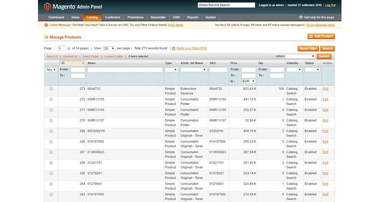 Pannello Magento