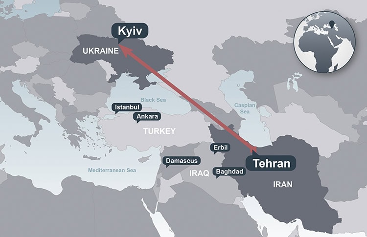 A map that depicts where PS752 was headed from Tehran to Kyiv, Ukraine, on January 8, 2020.