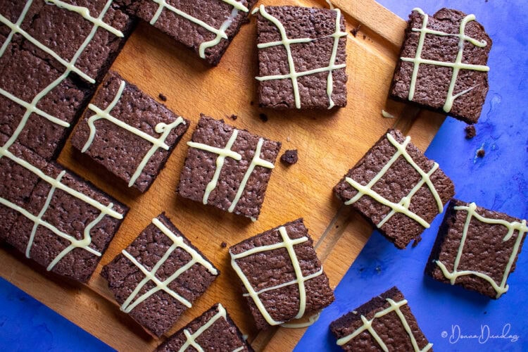 brownies sliced into squares on chopping board