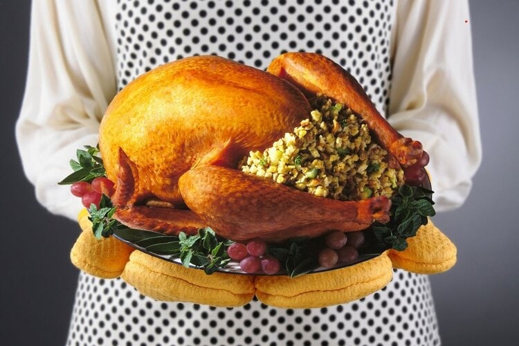 housewife in polka dot apron holding roasted turkey