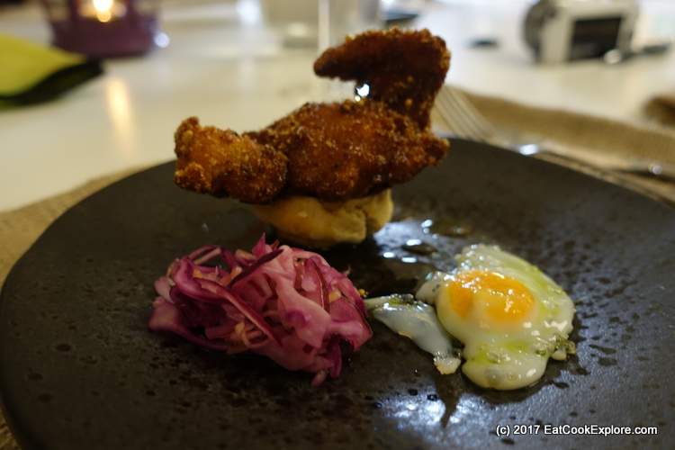 Potato Fried Quail, Potato biscuit, maple syrup, qualis egg
