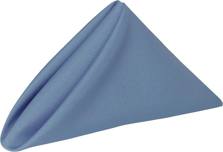 Folded blue polyester dinner napkin