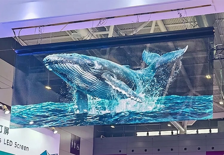 InviAir Holographic LED Screen suspended from ceiling - floating holographic display creating eye-catching visuals in exhibition halls