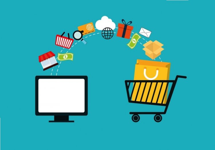Pricing –Web development and e-commerce website- A flat-design vector illustration showing various shopping icons like a storefront, basket, and credit card flying in an arc from a computer monitor into a shopping cart.