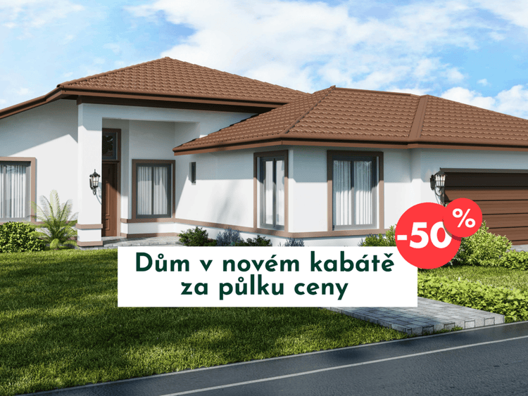 Reklamní banner stavebnin KESSL propagující akci na fasádní omítky se slevou 50 %. Moderní rodinný dům s novou fasádou a sloganem „Dům v novém kabátě za půlku ceny aneb KESSL FASÁDA za polovinu“. Akce na fasádní omítky pro renovace i novostavby.