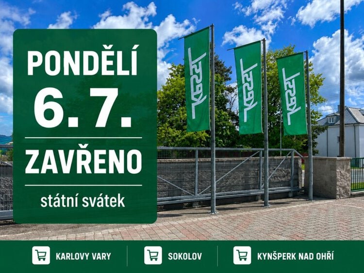 Stavebniny KESSL informují o uzavření všech prodejen v Karlových Varech, Sokolově a Kynšperku nad Ohří v pondělí 6. července z důvodu státního svátku.