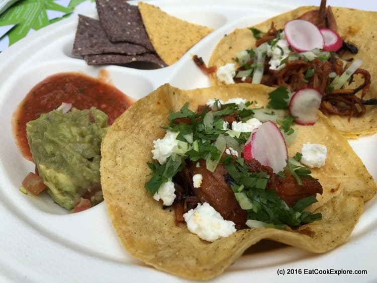 Street tacos (beef/pork/veggie) served with tortilla chips and salsas by Cafe Pacifico Kitchen Comidafest 128