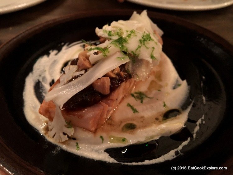 Sea Trout with the most unusual pitu sauce. A fab way to serve this fish. Iberica Sea Trout