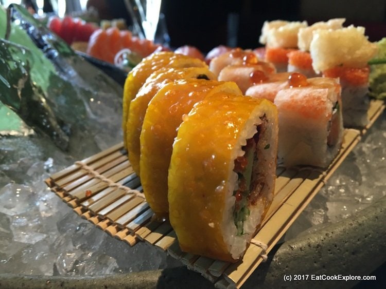 Sushi Maki wrapped with their yellow mango flavoured skin Sushi Maki wrapped with their yellow mango flavoured skin