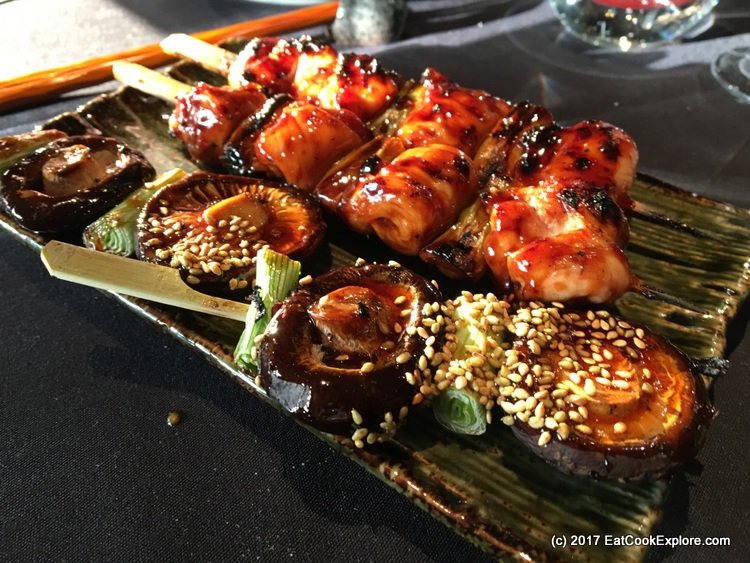 Aqua Kyoto Yakitori skewers of chicken and shitake mushrooms Aqua Kyoto Yakitori skewers of chicken and shitake mushrooms