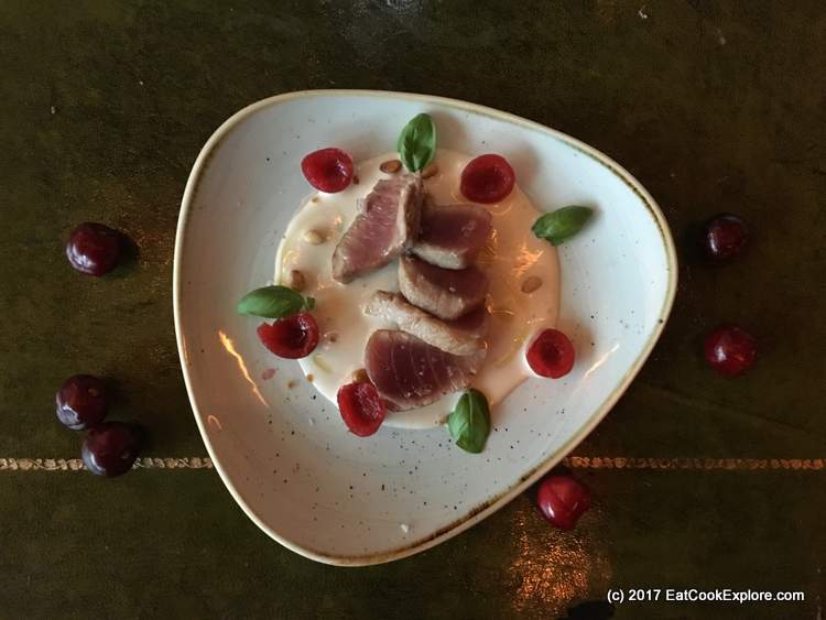 Pan seared tuna with almond cream Ajoblanco and pickled Picota Cherries