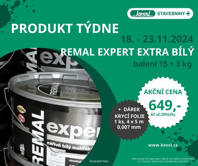 Akční nabídka na sametově matný bílý malířský nátěr REMAL EXPERT EXTRA BÍLÝ 15 + 3 kg za cenu 649 Kč ve stavebninách KESSL, včetně dárku - krycí fólie o rozměru 4 x 5 m.