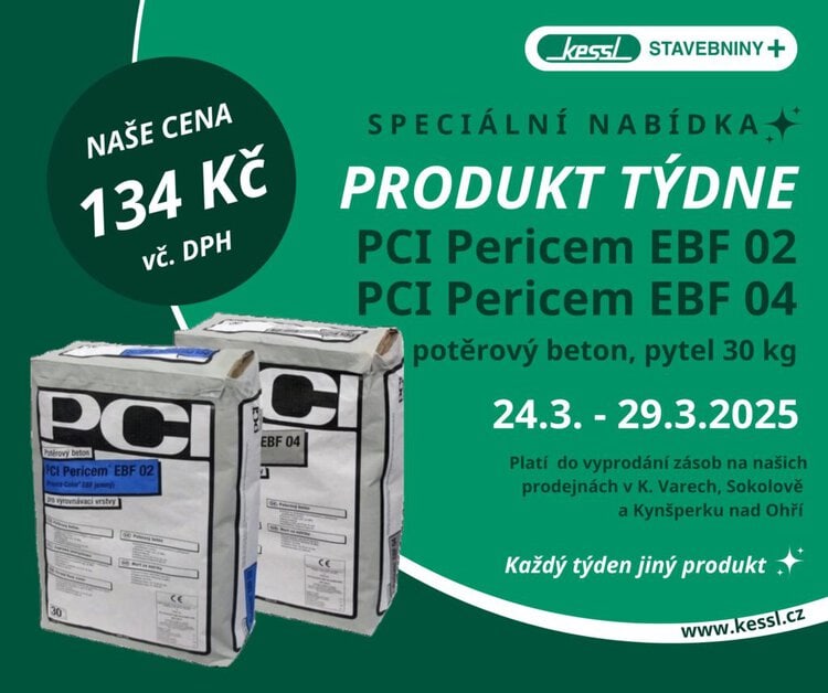 Akční nabídka PCI Pericem EBF 02 a PCI Pericem EBF 04 – potěrový beton 30 kg, speciální cena 134 Kč vč. DPH, platí 24.3.–29.3.2025 ve stavebninách KESSL.