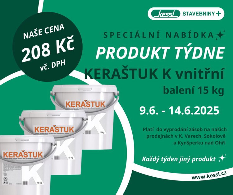 Akční nabídka KERAŠTUK K vnitřní – 15kg balení stěrky pro vnitřní použití za zvýhodněnou cenu 208 Kč.
