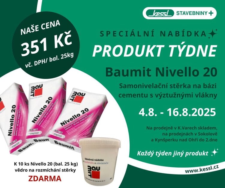 Baumit Nivello 20 samonivelační stěrka 25 kg za akční cenu 351 Kč, akce ve stavebninách Kessl s dárkem – vědro zdarma při nákupu 10 ks