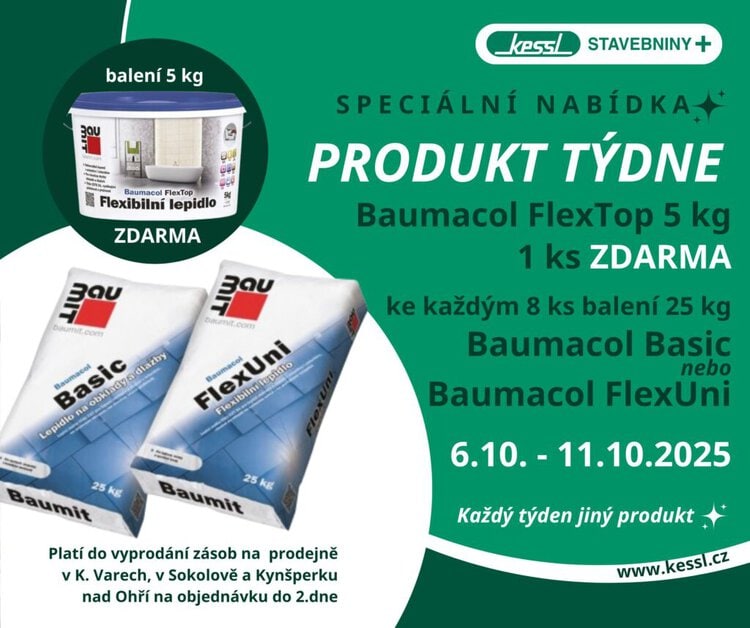Ke každým 8 ks Baumacol Basic (25 kg) a FlexUni (25 kg) zdarma 5 kg Baumacol FlexTop ve stavebninách Kessl 6. - 11.10.2025