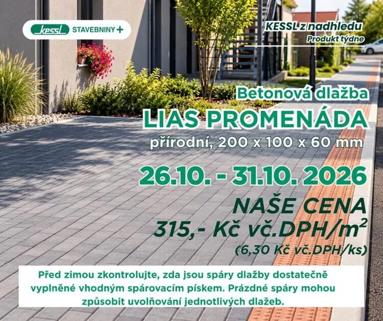 Betonová dlažba LIAS PROMENÁDA v přírodním provedení, rozměr 200 × 100 × 60 mm. Produkt týdne KESSL od 26. do 31. října 2026 za 315 Kč/m² včetně DPH.