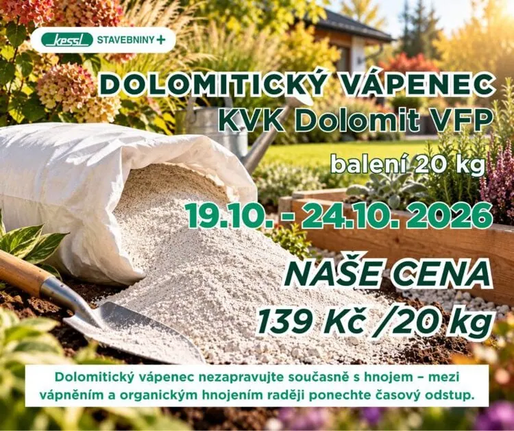 Dolomitický vápenec KVK Dolomit VFP, jemně mletý vápenec pro úpravu kyselé půdy a doplnění vápníku a hořčíku. Balení 20 kg za 139 Kč, Produkt týdne KESSL 19.–24. 10. 2026.