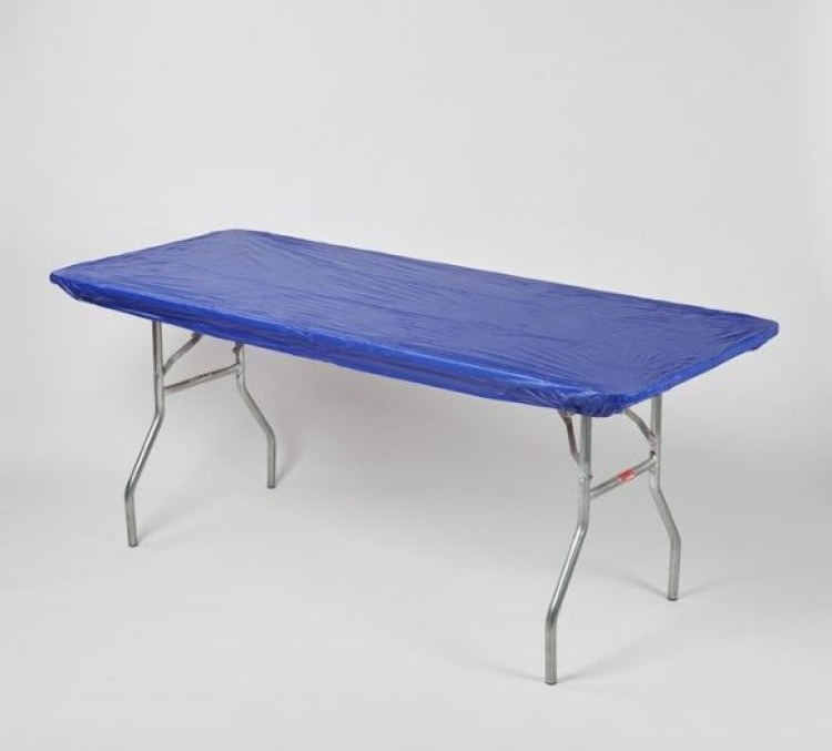 Blue fitted Kwik-Cover on an 8 foot banquet table